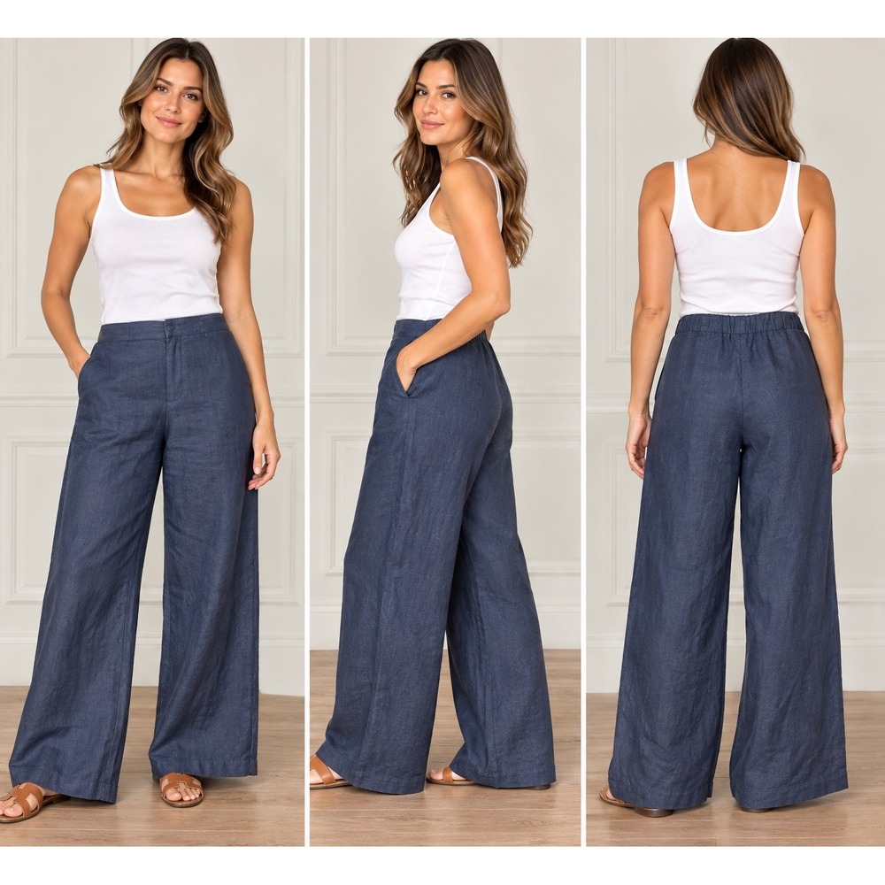 Tuckernuck Navy Blue Wide Leg 100% Linen Pants XL Elastic Back Coastal Casual